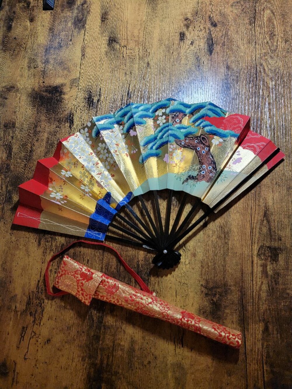 Japanese Maiogi Folding Dance Fan Geisha Odori w/ Red & Gold Bag
